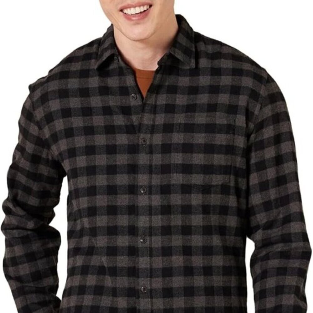 Amazon Essentials Men's Long-Sleeve Flannel Shirt Charcoal Buffalo Plaid Size L